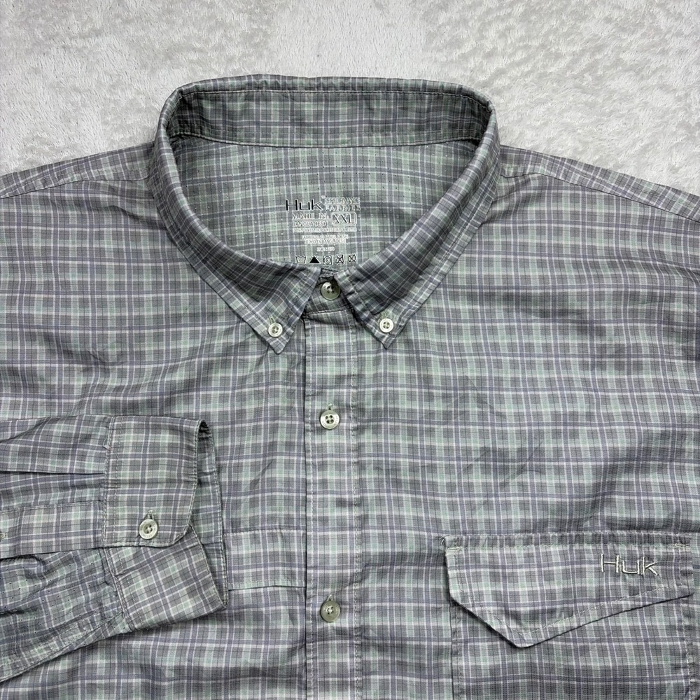 Huk Fishing Shirt Men XXL Gray Green Plaid Long Sleeve Ventilated Performance